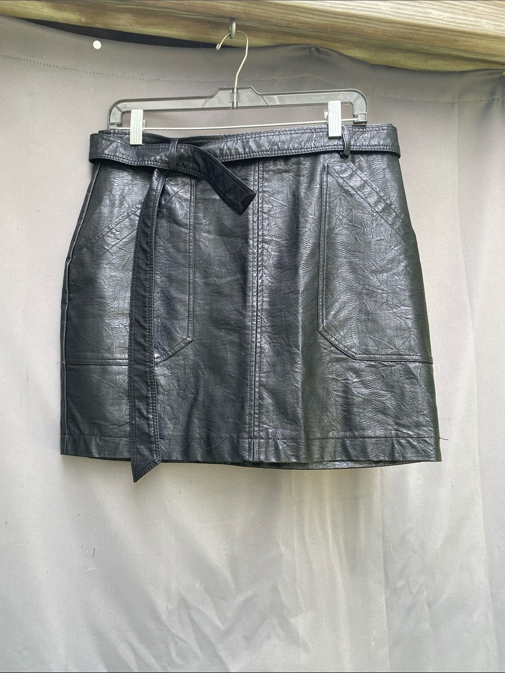 Stella Luce Black Faux Leather Mini Skirt with Tie Waist